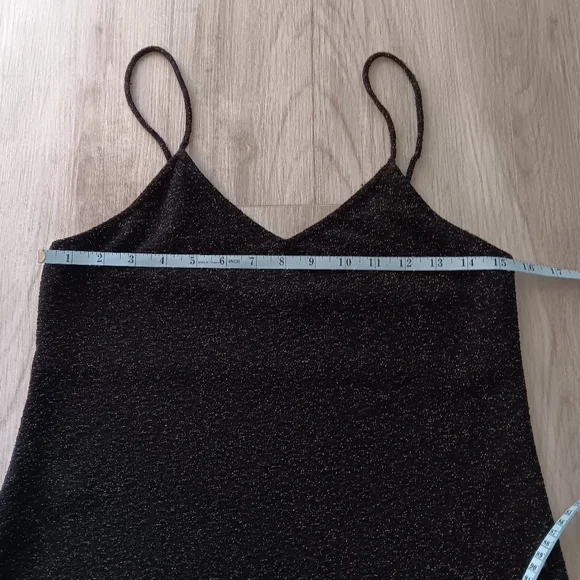 Angie Slip Mini Dress Black Silver Metallic Shimmer Spaghetti Strap Low V Medium - Picture 10 of 14